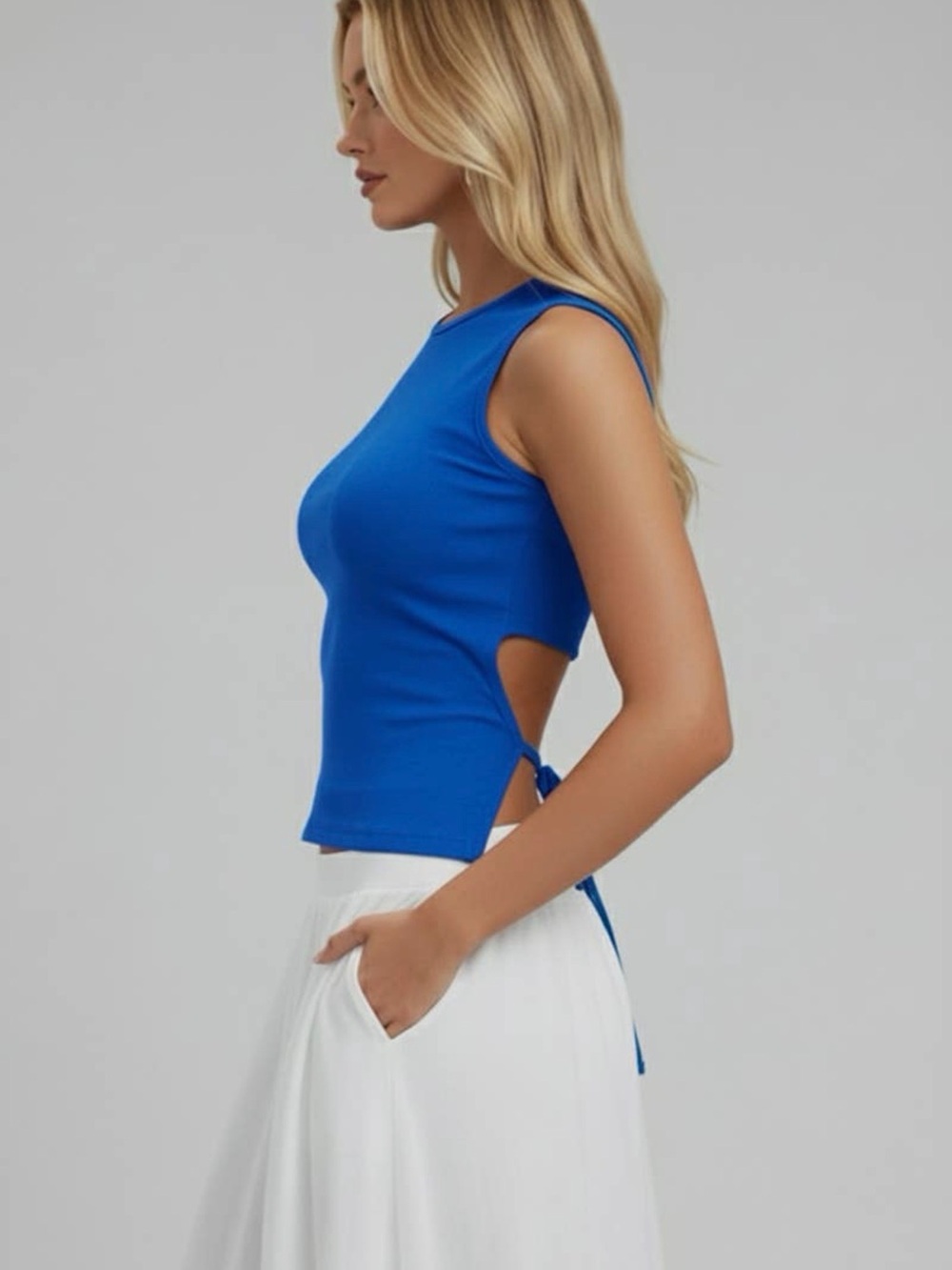 Sleeveless Mock Neck Top with Adjustable
Side Slit Tie Taupe - Picture 5 of 5